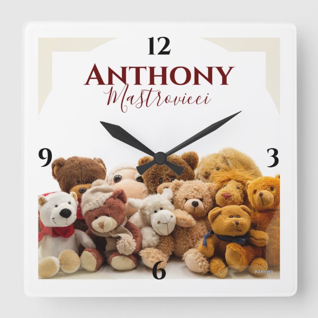 Teddy Bear Clock mit Name Wall Clock Quadratische Wanduhr (Vorderseite)