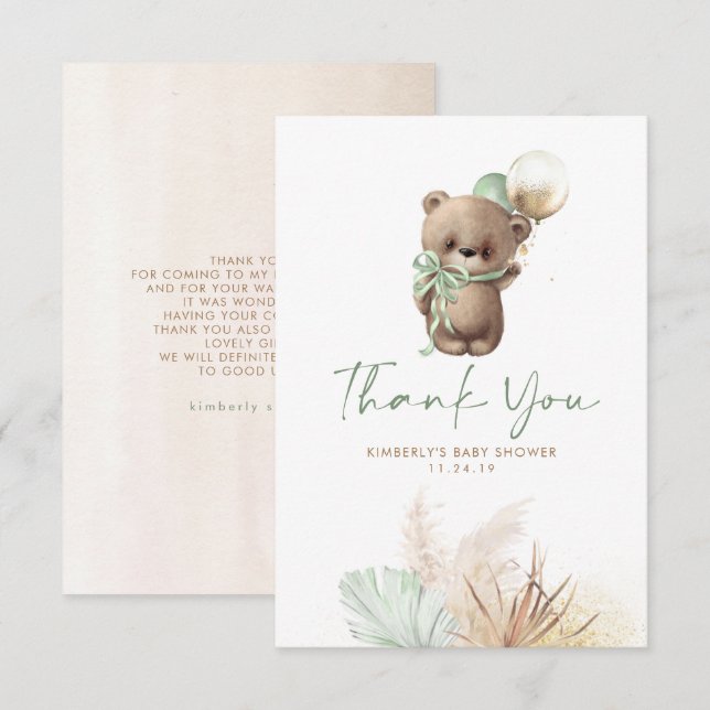 Teddy Bear Cute Sage Green Baby shower Merci (Devant / Derrière)
