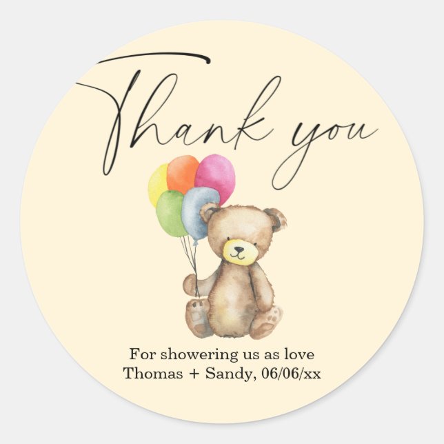 Teddy Bear - Danke, Baby Dusche Party Runder Aufkleber (Vorderseite)