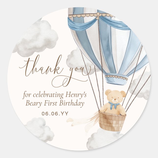 Teddy Bear Danke, Beary First Birthday Runder Aufkleber (Vorderseite)