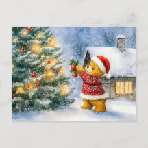 Teddy Bear Decorating a Christmas Tree in snowing 
