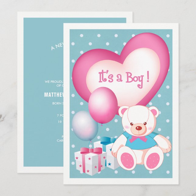 Teddy Bear Design Baby Boy Geburtsankündigung Ankündigung (Vorne/Hinten)