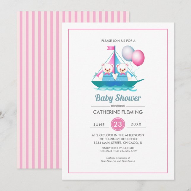 Teddy Bear Design Twin Girls Babydusche Einladung (Vorne/Hinten)