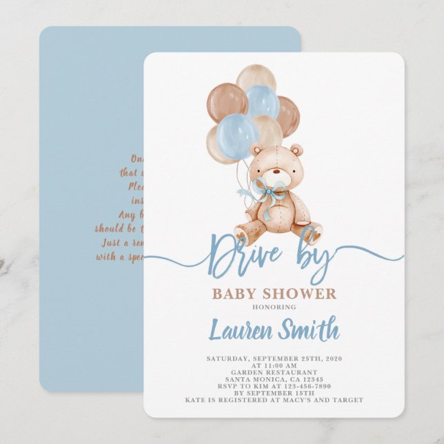 Teddy Bear Drive by Baby Shower Boy Einladung (Vorne/Hinten)
