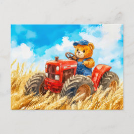 Teddy Bear Driving a Tractor in Wheat Field Postkarte