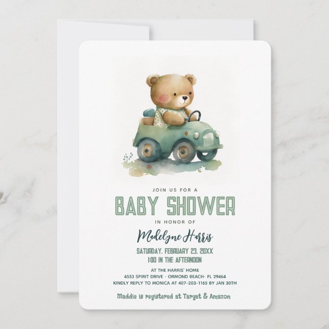 Teddy Bear Driving Toy Car Blue Baby Dusche Einladung (Vorderseite)