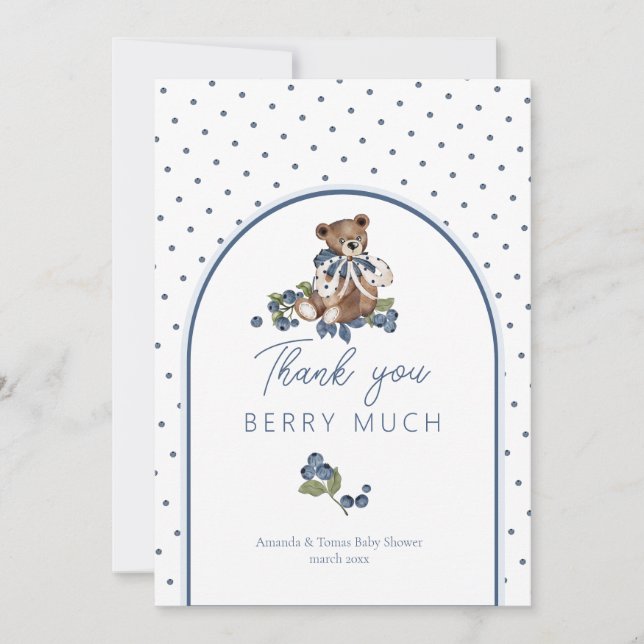 Teddy Bear Dusty Blue Berry Sweet Baby Dusche Dankeskarte (Vorderseite)