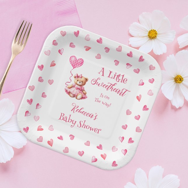 Teddy Bear eine kleine Sweetheart Girl Baby Dusche Pappteller (Teddy Bear Pink Hearts Girl Baby Shower Paper Plates - "A Little Sweetheart" Teddy Bear Collection)