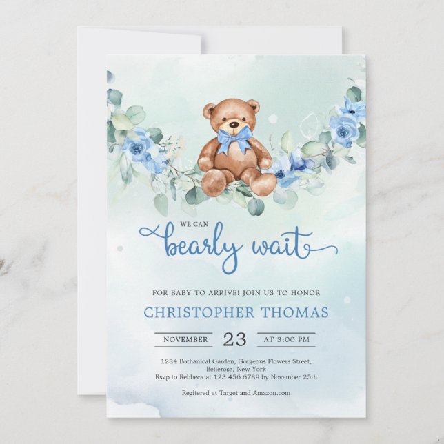 Teddy Bear Eucalyptus Wreath Boy Baby Showroom Einladung (Vorderseite)