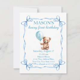 Teddy Bear farbenfroher Ballon Beary First Birthda Einladung