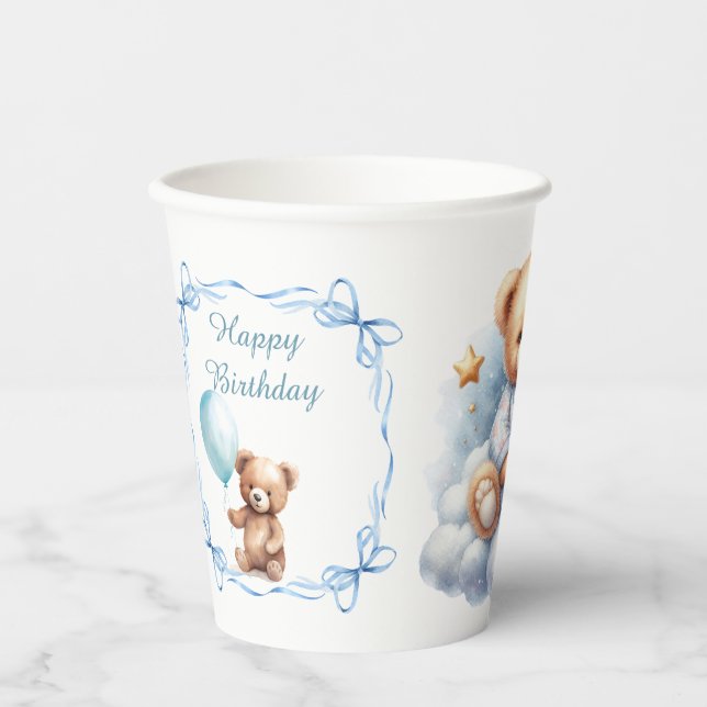 Teddy Bear farbenfroher Ballon Beary First Birthda Pappbecher (Vorderseite)