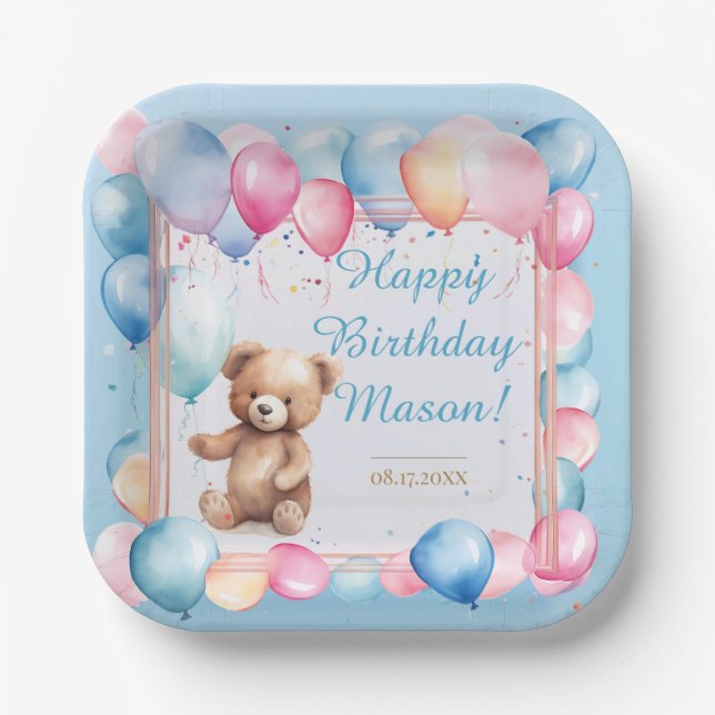 Teddy Bear farbenfroher Ballon Beary First Birthda Pappteller (Vorderseite)