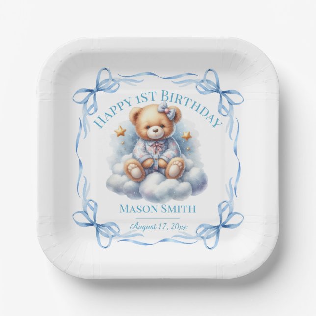 Teddy Bear farbenfroher Ballon Beary First Birthda Pappteller (Vorderseite)
