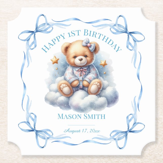 Teddy Bear farbenfroher Ballon Beary First Birthda Untersetzer (Vorderseite)