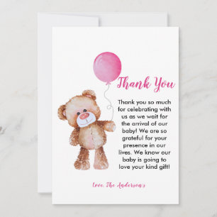 Teddy Bear fille Baby shower Carte de remerciement