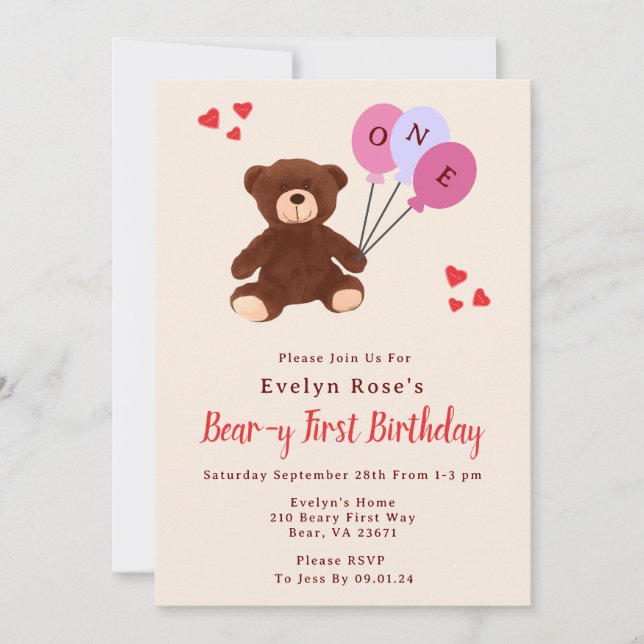 Teddy Bear First Birthday Balloon Girl's Cream Einladung (Vorderseite)