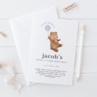 Teddy Bear First Birthday Invitation Bleu Balloon
