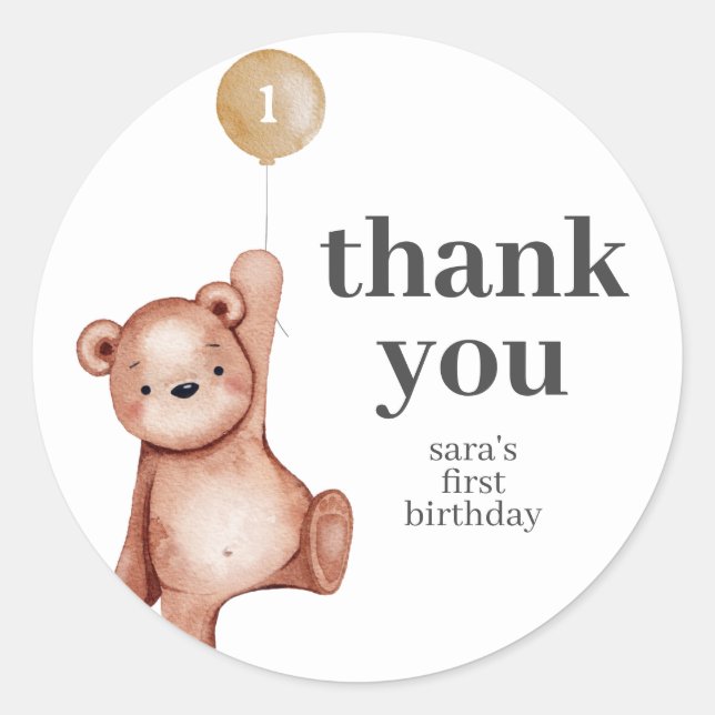 Teddy Bear First Birthday Party Gefallen Runder Aufkleber (Vorderseite)