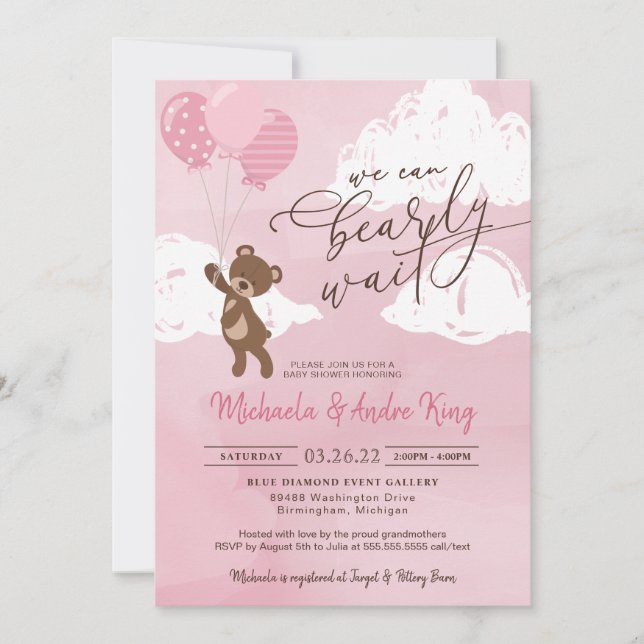 Teddy Bear Floating mit Balloons Girl Baby Einladung (Vorderseite)