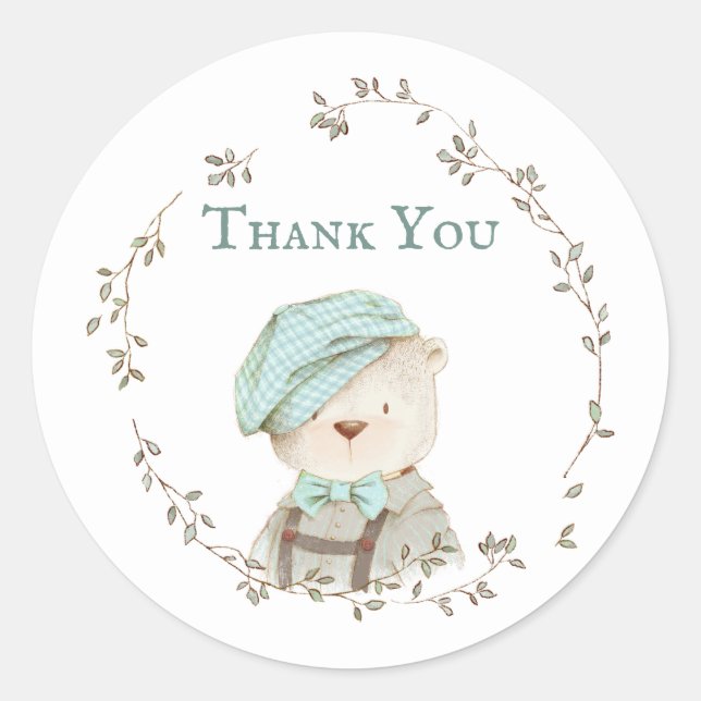 Teddy Bear Floral Baby Dusche Danke Stickers (Vorderseite)