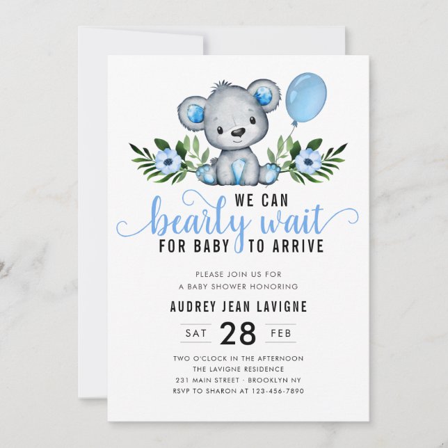 Teddy Bear Floral Botanical Blue Boy Baby Dusche Einladung (Vorderseite)