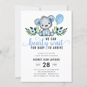 Teddy Bear Floral Botanical Blue Boy Baby Dusche Einladung