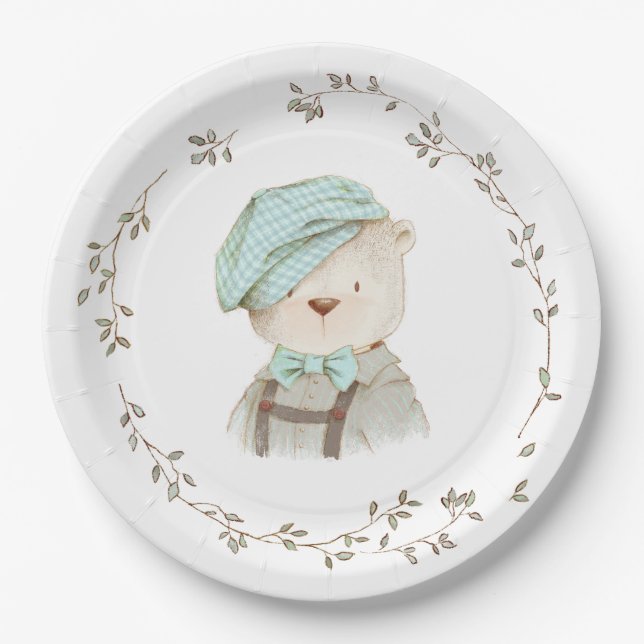 Teddy Bear Floral Einfach Minimalistisch Pappteller (Vorderseite)