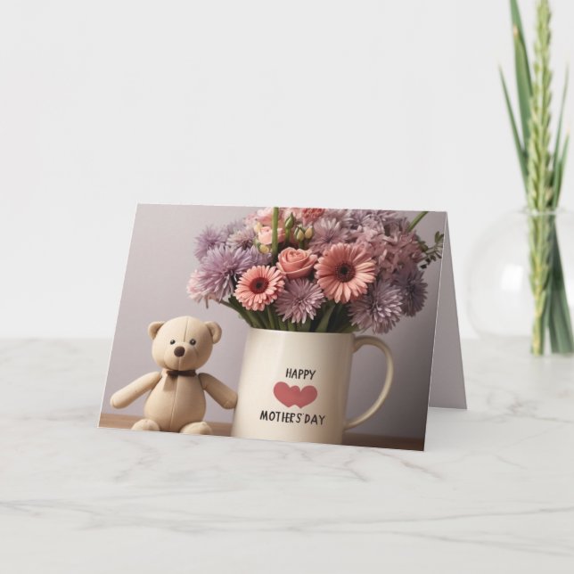 Teddy Bear, Flowers & Coffee Mug Carte de la fête  (Devant)