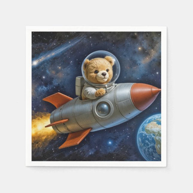 Teddy Bear Flying In a Rocket Ship Serviette (Vorderseite)