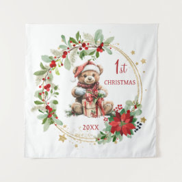 Teddy Bear Foliage Poinsettia Baby 1. Weihnachten Wandteppich