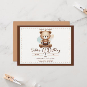Teddy Bear Football Watercolor 1. Geburtstag Party Einladung