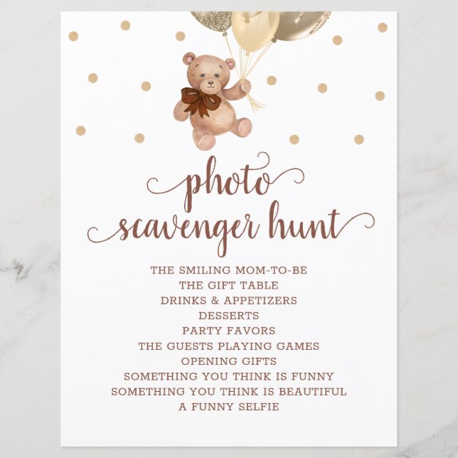Teddy Bear Foto Scavenger Hunt Baby Showspiel (Vorderseite)