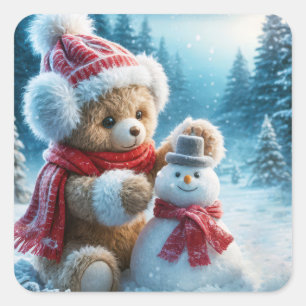 Teddy Bear Gebäude a Snowman Quadratischer Aufkleber