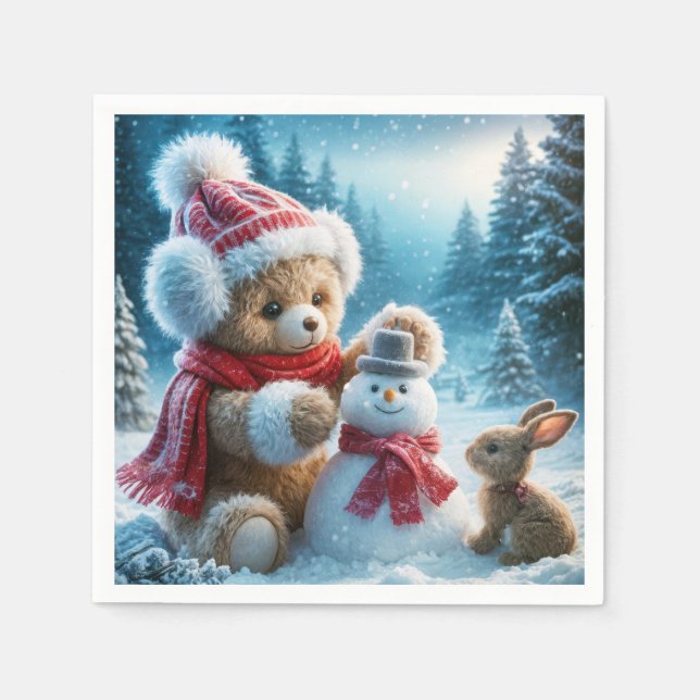 Teddy Bear Gebäude a Snowman Serviette (Vorderseite)