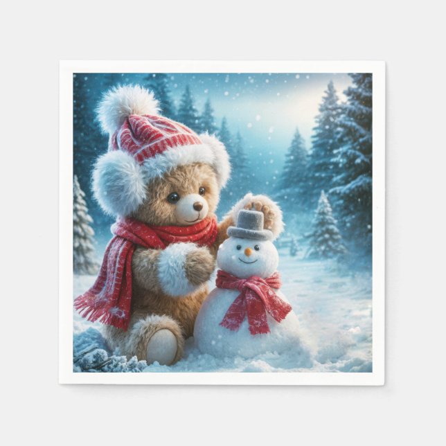 Teddy Bear Gebäude a Snowman Serviette (Vorderseite)