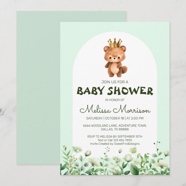 Teddy Bear gefüllt King Baby Boy Dusche Einladung (Vorne/Hinten)