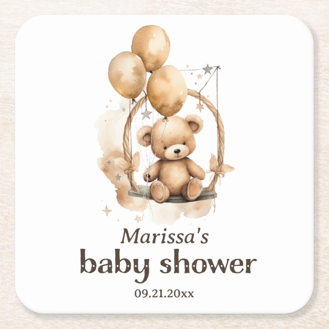Teddy Bear Gender Neutral Baby Dusche Rechteckiger Pappuntersetzer (Vorderseite)