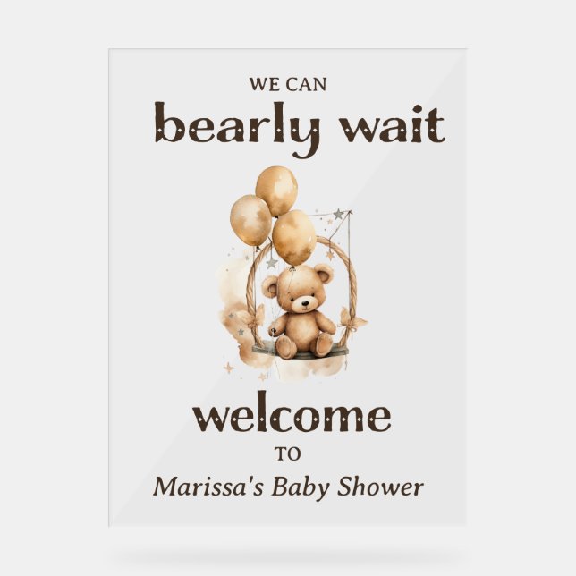 Teddy Bear Gender Neutral Baby Dusche Willkommen Acrylschild (Vorderseite)