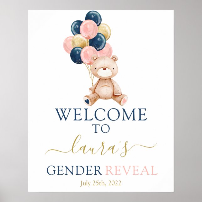 Teddy Bear Gender Reveal Begrüßungszeichen Poster (Vorne)