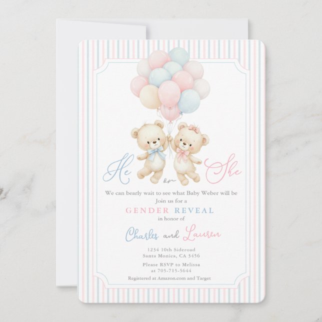 Teddy Bear Gender Reveal  Einladung (Vorderseite)
