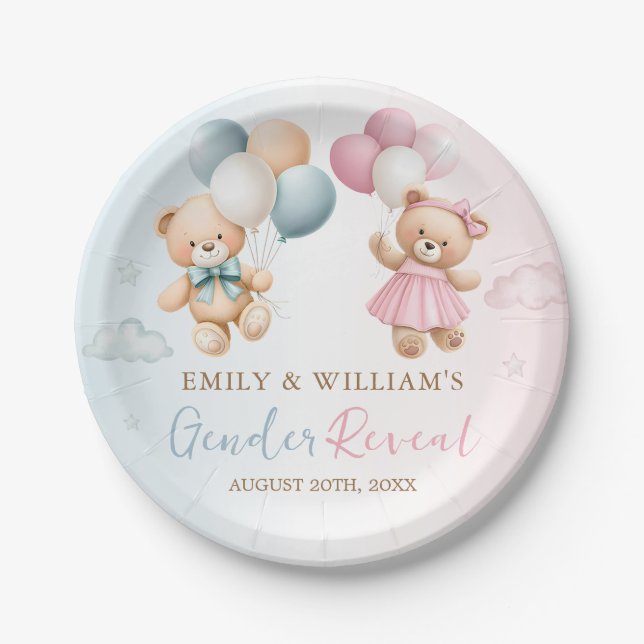 Teddy Bear Gender Reveal Plate Pappteller (Vorderseite)
