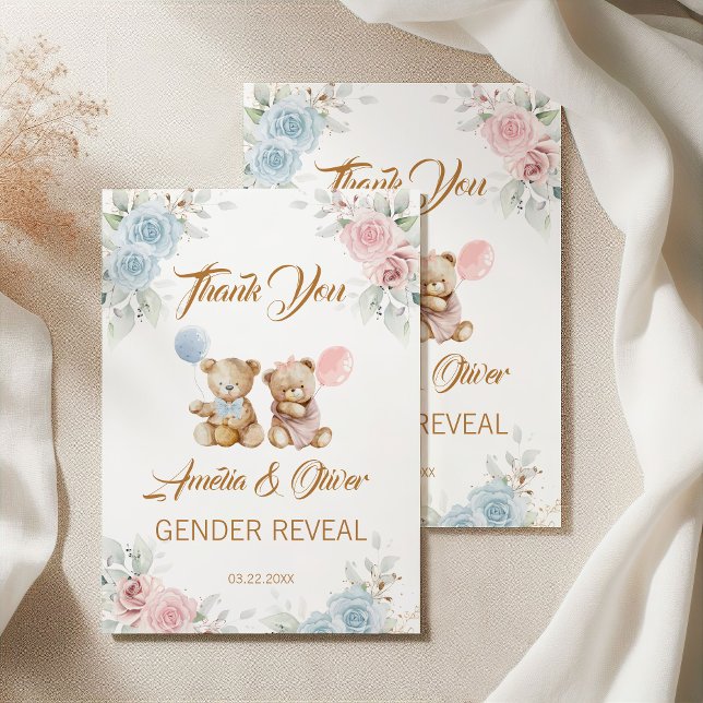 Teddy Bear Gender Reveal Thank You Pastel Florals Dankeskarte (Von Creator hochgeladen)
