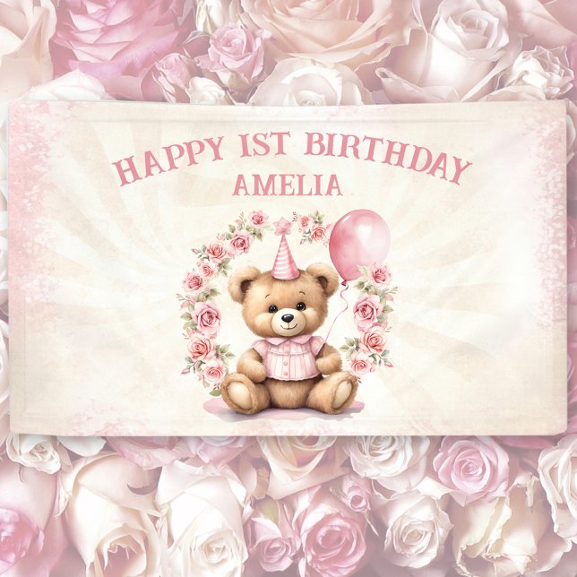 Teddy Bear Girl 1. Geburtstag Pink Roses Banner (Teddy Bear Girl 1st Birthday Pink Roses Banner)