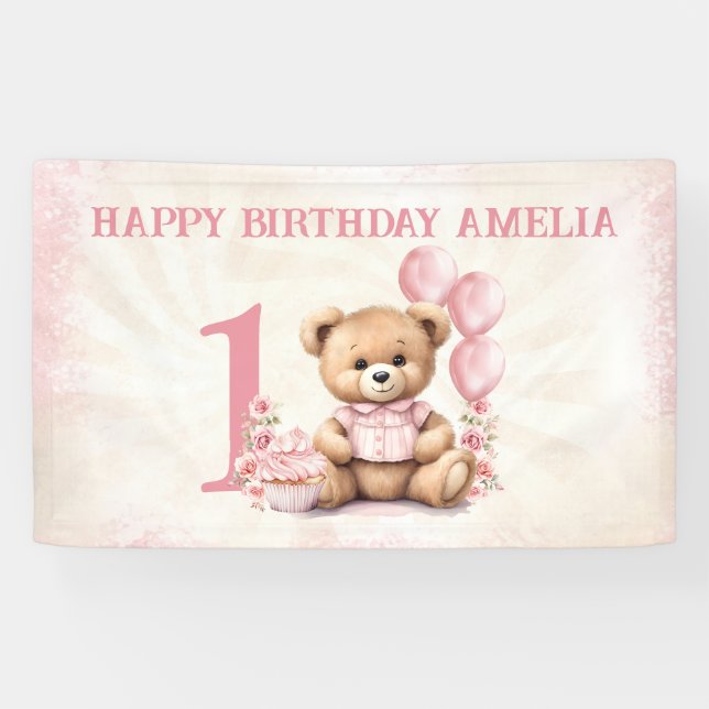 Teddy Bear Girl 1er Anniversaire Bannière Ballons  (Horizontal)