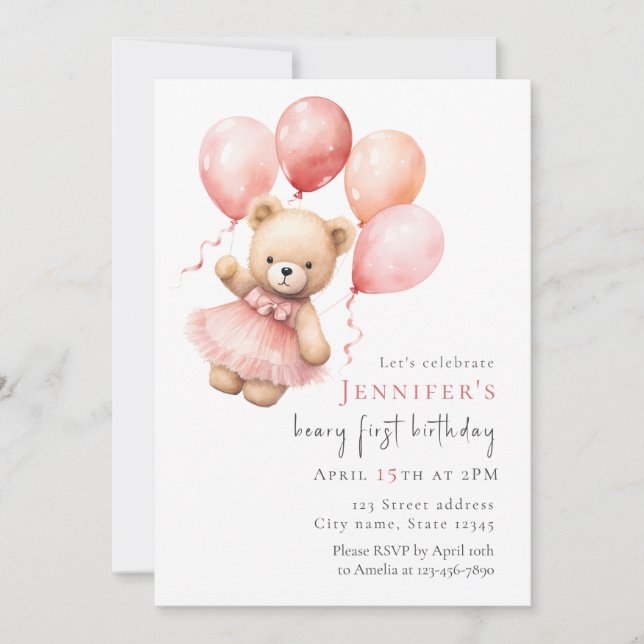 Teddy Bear Girl 1st Birthday Invitation (Devant)