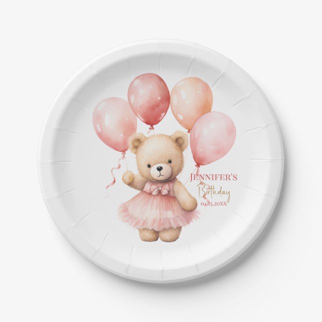 Teddy Bear Girl 1st Birthday Paper Plates  Beary  Pappteller (Vorderseite)