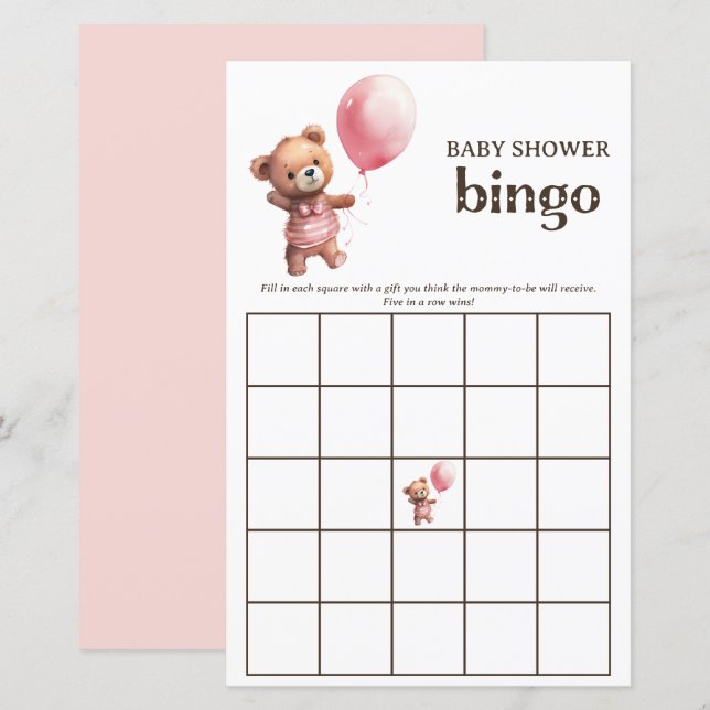 Teddy Bear Girl Baby Dusche Bingo Spiel (Vorne/Hinten)