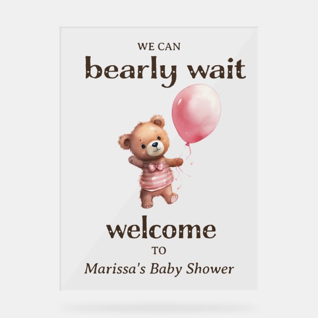 Teddy Bear Girl Baby Dusche Willkommen Acrylschild (Vorderseite)