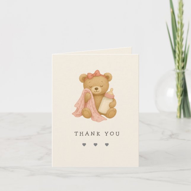 Teddy Bear Girl Babydusche Danke Karte (Vorderseite)