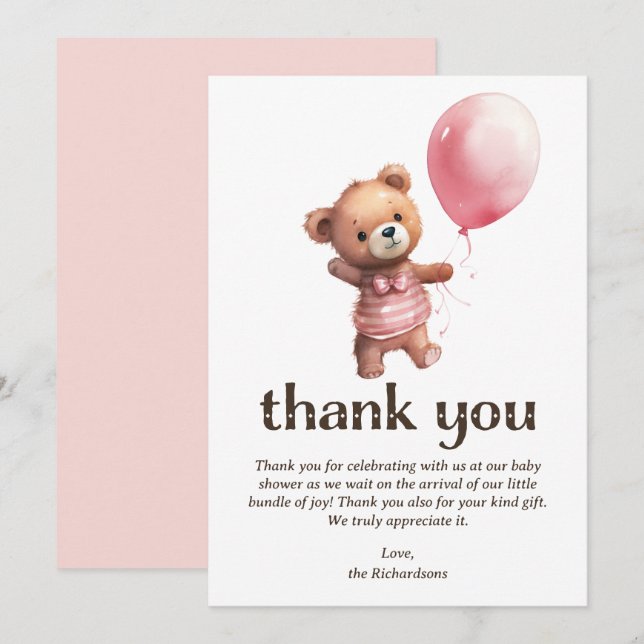 Teddy Bear Girl Babydusche Dankeskarte (Vorne/Hinten)